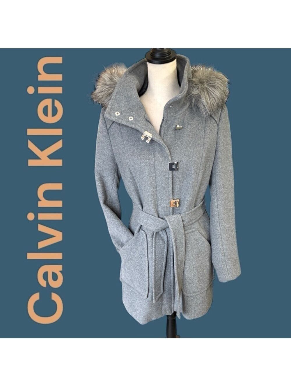 Calvin Klein-women’s 6, belted, wool blend, detachable faux fur hood. Like new!!